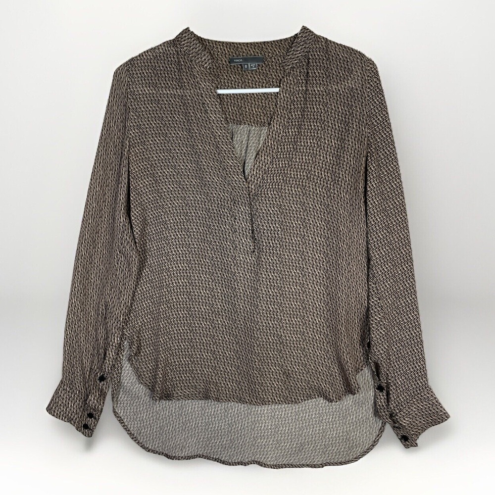 Vince Silk Satin Band Collar Blouse Long Sleeve Sheer Brown Women's Size 0
